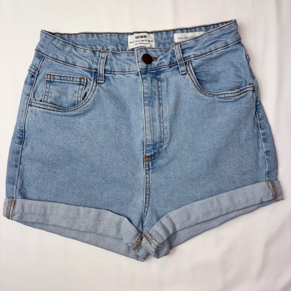 Cotton On High Rise Stretch Denim Shorts Women's US 8 Blue Cuffed - Picture 2 of 4